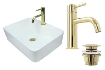 DE Aufsatzwaschbecken 41 cm Glanz Set mit Waschtischbatterie und Stopfen - Aufsatzwaschbecken Rechteckiges für Badezimmer - Modern Waschbecken ohne Hahnloch - Waschbecken mit Armature