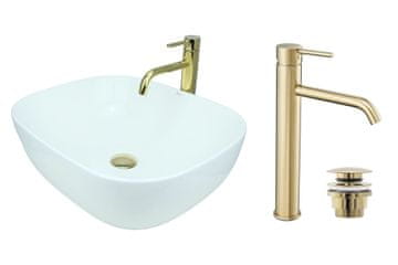 DE Aufsatzwaschbecken 50 cm Glanz Set mit Waschtischbatterie und Stopfen - Aufsatzwaschbecken Oval für Badezimmer - Modern Waschbecken ohne Hahnloch - Waschbecken mit Armature