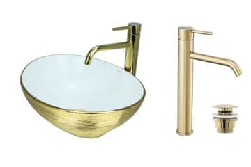 DE Aufsatzwaschbecken 41 cm Glanz Set mit Waschtischbatterie und Stopfen - Aufsatzwaschbecken Oval für Badezimmer - Modern Waschbecken ohne Hahnloch - Waschbecken mit Armature