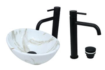 DE Aufsatzwaschbecken 34 cm Glanz Set mit Waschtischbatterie und Stopfen - Aufsatzwaschbecken Oval für Badezimmer - Modern Waschbecken ohne Hahnloch - Waschbecken mit Armature
