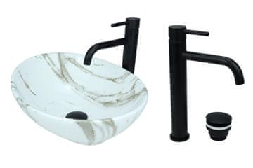 DE Aufsatzwaschbecken 41 cm Glanz Set mit Waschtischbatterie und Stopfen - Aufsatzwaschbecken Oval für Badezimmer - Modern Waschbecken ohne Hahnloch - Waschbecken mit Armature