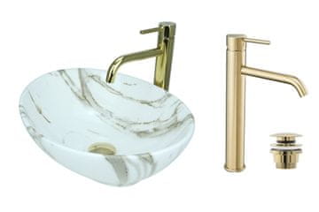 DE Aufsatzwaschbecken 41 cm Glanz Set mit Waschtischbatterie und Stopfen - Aufsatzwaschbecken Oval für Badezimmer - Modern Waschbecken ohne Hahnloch - Waschbecken mit Armature