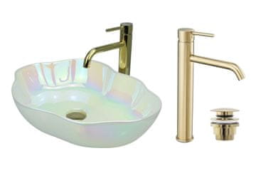 DE Aufsatzwaschbecken 50 cm Glanz Set mit Waschtischbatterie und Stopfen - Aufsatzwaschbecken Oval für Badezimmer - Modern Waschbecken ohne Hahnloch - Waschbecken mit Armature