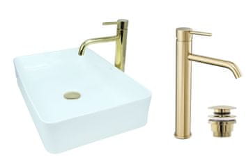 DE Aufsatzwaschbecken 51 cm Glanz Set mit Waschtischbatterie und Stopfen - Aufsatzwaschbecken Rechteckiges für Badezimmer - Modern Waschbecken ohne Hahnloch - Waschbecken mit Armature