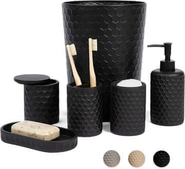 Crni kupaonski set od 6 dijelova, metalni dozator sapuna, univerzalna košara za WC