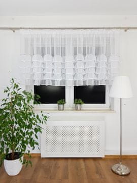 Gotova zavjesa 400x105 cm od gaze s volanima i cirkonima - bijela