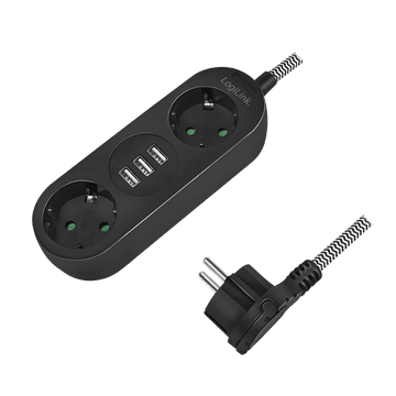 Produžna utičnica s 2 utikača, 2x CEE 7/3 + 3x USB-A, tekstilni kabel, crna