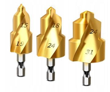 Titanske stepenaste svrdla 15-31 mm za PVC cijevi, set od 3.