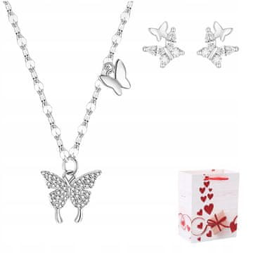 Set: Ogrlica, srebrni lančić, naušnice, 925, privjesak leptir, kristal