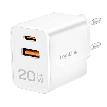 Brzi USB-C punjač 20W GaN PD PPS LogiLink USB-A punjač za punjenje bijeli