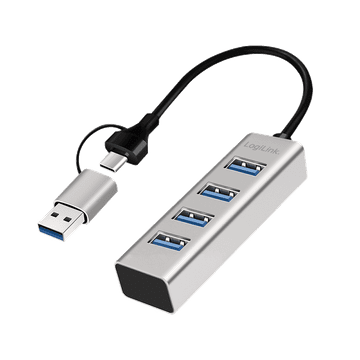 LogiLink USB 3.0 razdjelnik 4x USB-A s 2-u-1 USB-A/USB-C 5Gbs kabelom srebrne boje