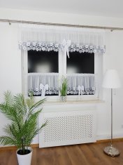 Set zavjesa za kuhinju + rolete od samurovog materijala - gipur čipka s tratinčicama, mašnama, vrpcom, bijela/siva