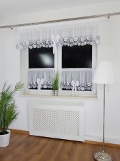 Set zavjesa za kuhinju + rolete od samurovog materijala - gipur čipka s tratinčicama, mašnama, vrpcom, bijela/siva
