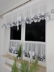 Set zavjesa za kuhinju + rolete od samurovog materijala - gipur čipka s tratinčicama, mašnama, vrpcom, bijela/siva