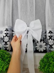 Set zavjesa za kuhinju + rolete od samurovog materijala - gipur čipka s tratinčicama, mašnama, vrpcom, bijela/siva
