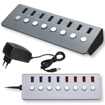 4x 3.0 USB Hub + 4 priključka za punjenje, 8-portni aluminijski razdjelnik
