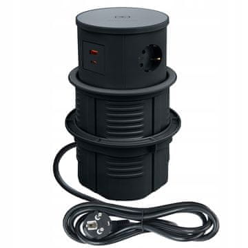 Utičnica za punjenje skrivena u stolu, crna, induktivni punjač 15W, 2xUSB 16A