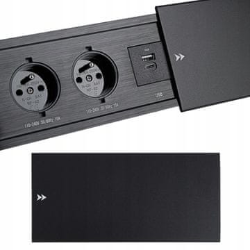 Utičnica za namještaj, ugradbena, ugradbena u radnu ploču, produžni kabel, 2xUSB, 18W, 230V, crna