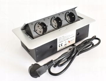 Uvlačna utičnica za namještaj, ugradna u radnu ploču, produžni kabel 3x 230V, srebrna