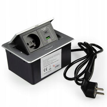 Utičnica za namještaj, ugradna u radnu površinu, 2x230V, 2xUSB, Modulbox, SREBRNA