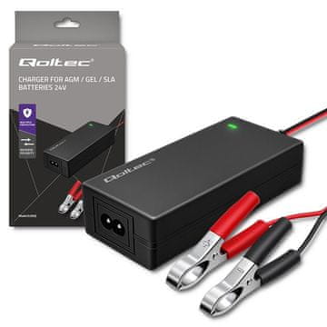 slomart Qoltec 52665 Automatski punjač za AGM GEL STD akumulatore | 24V punjač | 2A | 48W | LED | 1.8m kabel
