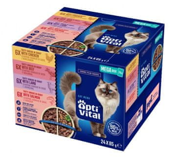 Box OPTIVITAL Box s piletinom, govedinom, janjetinom, lososom - mokra hrana za mačke - 24x85g