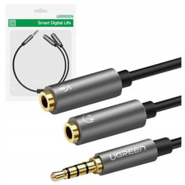 Ugreen AV141 AUX audio razdjelni kabel 3,5 mm mini priključak (muški) na slušalice + mikrofon (ženski), 20 cm (crni)