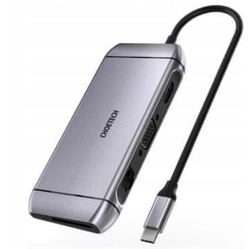 Choetech 9u1 višenamjenski USB Type C HUB - 3x USB 3.2 Gen 1 / čitač SD i TF kartica / HDMI 4K 30Hz / VGA Full HD 60Hz / USB Type C / RJ45 sivi (HUB-M15 sivi)