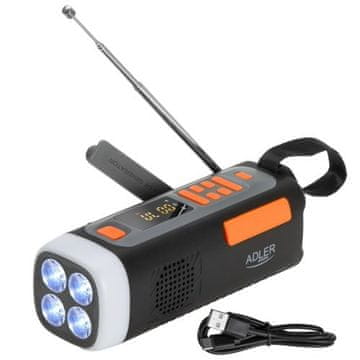 Adler Adler AD 1920 Prijenosni radio, Solarni panel / Ručica / Powerbank 4500 mAh, Crni