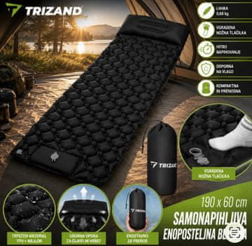 Trizand Samonapuhujuća kampiranje jastuk 190 × 60 cm s ugrađenom nožnom pumpom, ultralagana, crna