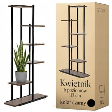 Metalni stalak za cvijeće, 6 polica, crni, moderni, 113 cm, loft