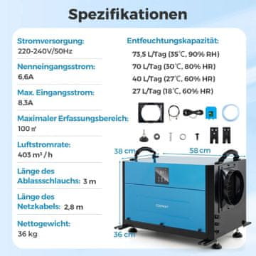 Northix Industrijski odvlaživač zraka, 73,5 l/dan, 3 načina rada, timer