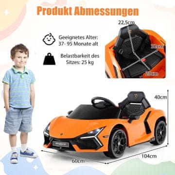 Northix 12V dječji električni automobil s LED svjetlima - narančasti