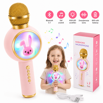 Izoxis Karaoke mikrofon Bluetooth za djecu – bežični mikrofon sa zvučnikom, RGB LED, USB-C, ružičasta