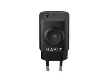 Hav Havit UC132 EU GaN 22W punjač s 2 USB porta i bežičnim punjenjem, crni