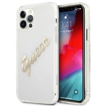 Guess Maskica Guess GUHCP12LKTRSVGO za iPhone 12 Pro Max 6.7", prozirna Vintage Script Gold