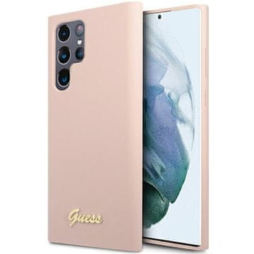 Guess Silikonska maskica s metalnim logom i natpisom za Samsung Galaxy S23 Ultra, ružičasta