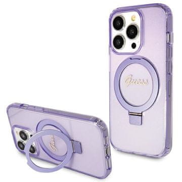 Guess MagSafe maskica s glitterom i stalkom za prstenje za iPhone 15 Pro, ljubičasta