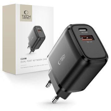 Tech-protect USB-C PD 20W / USB-A QC 3.0 zidni punjač - crni