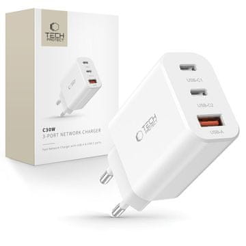 Tech-protect 2x USB-C PD / USB-A QC 30W zidni punjač - bijeli