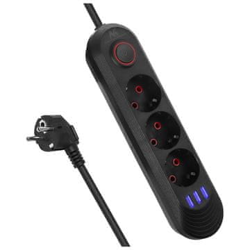 slomart Maclean produžni kabel 3x230V + 3xUSB, 1.5m, crni