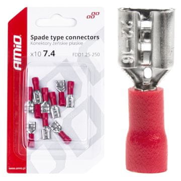 slomart Konektor izolirani AMiO, ženski, plosnati 7,4 mm, 0,5-1,5 mm², 10 A, crveni, 10 kom