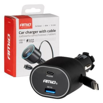 slomart Auto punjač AMiO 50W, PD30W+PD20W+QC3.0, USB-C, USB-A, izvučni kabel