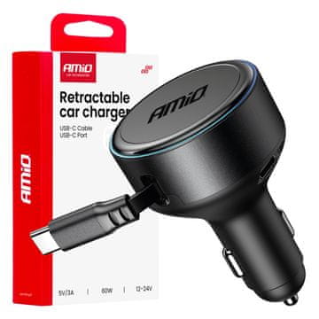 AMIO Auto punjač s uvlačivim Type-C + USB-C kabelom 12V 24V 60W -04368
