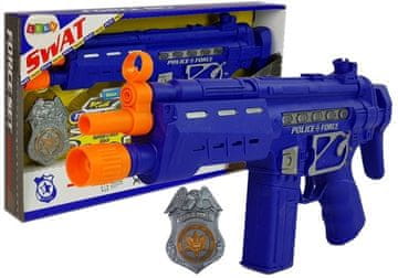 slomart Policijski set: Pištolj 37cm, plavi, značka, zvuk, svjetlo, vibracija