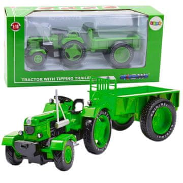 Metalni poljoprivredni traktor s prikolicom zeleni 1:18