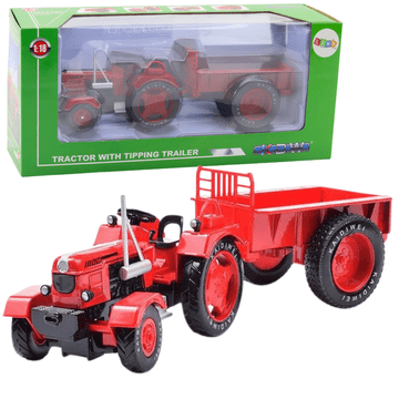 Metalni poljoprivredni traktor s prikolicom crveni 1:18