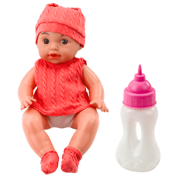 slomart LEAN TOYS lutka beba s bočicom za hranjenje, ružičasta odjeća, zvukovi 30 cm