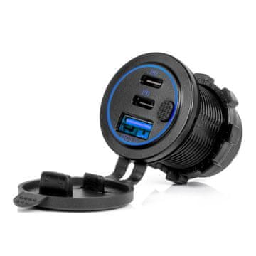 AMIO Auto punjač s USB utičnicama, vodootporan, s USB prekidačem + 2x USB-C QC3.0 12V 24V -04596