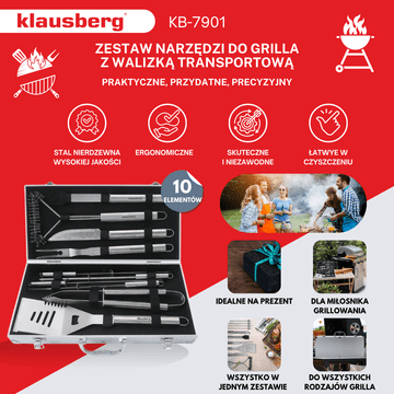 slomart Klausberg KB-7901 set za roštilj, 10 komada, nehrđajući čelik, u koferu